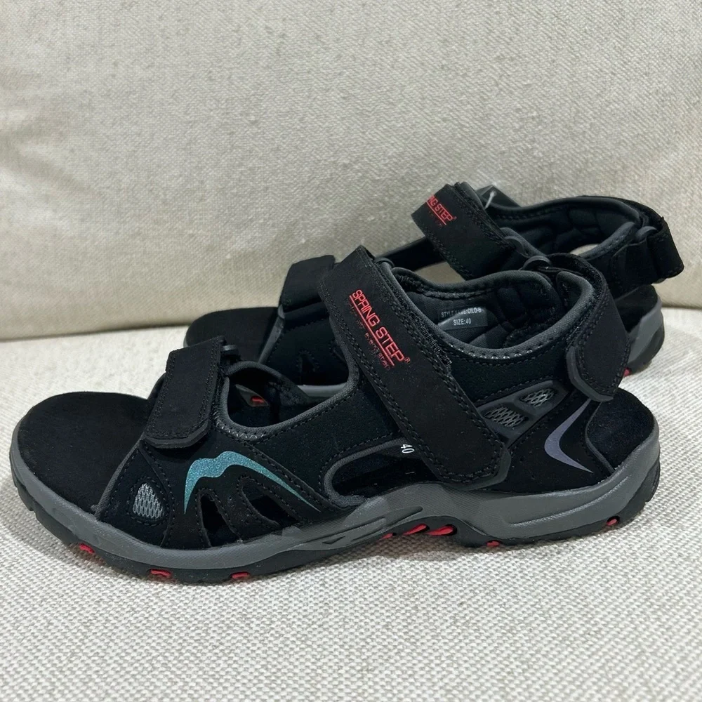 Spring Step Cilo Men Black Leather Sport Sandals  Size 40 (US 7-7.5) NWT Comfort